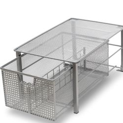 DecoBrothers Stackable Pull Out Cabinet Sliding Basket with Dividers, Large, Silver
