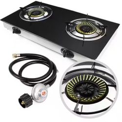 2 Burner 15000BTU Glass Cooktop Auto Ignition Range Stove Infrared Flame 20000BTU Ceramic Head Cooking Top Propane Regulator