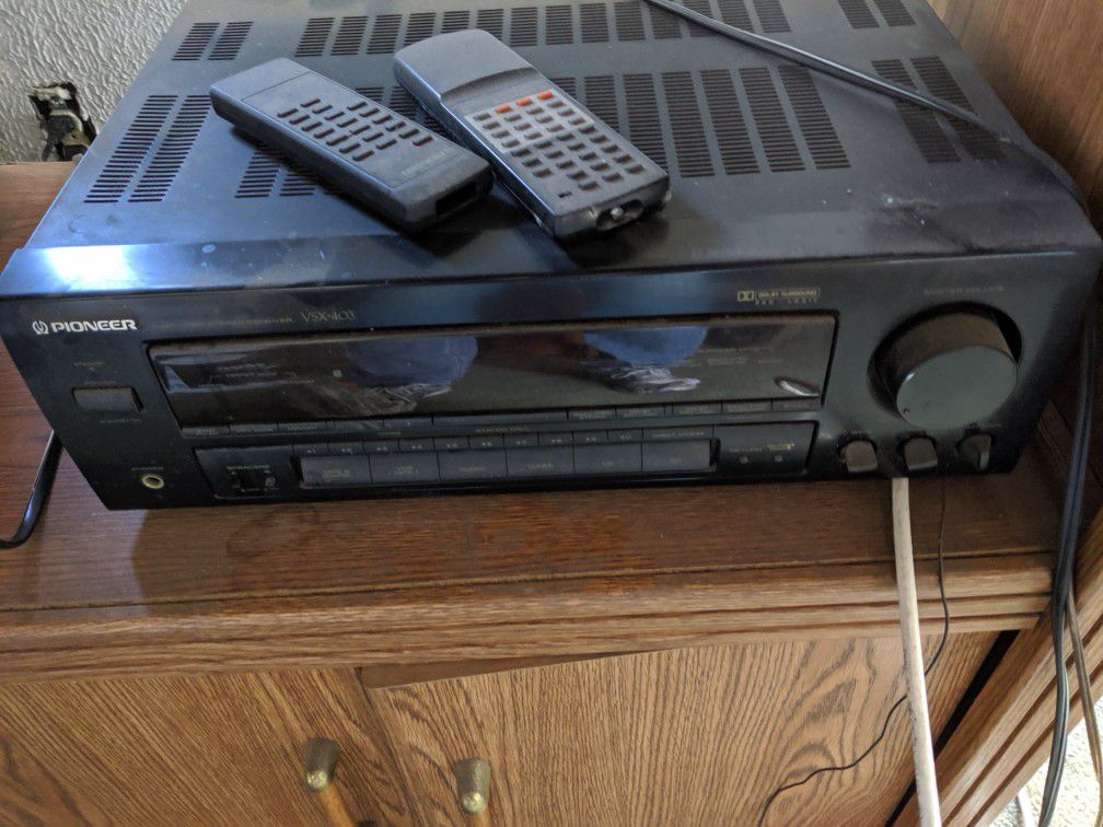 Pioneer receiver, tape deck, remotes, 27"x15" speakers