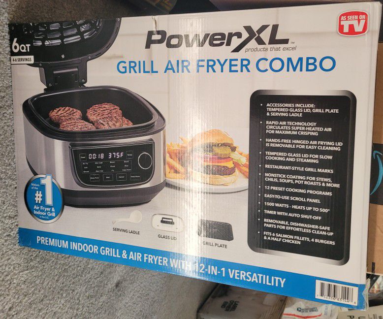 PowerXL Grill Air Fryer Combo Deluxe 6 QT 12-in-1 Indoor Grill, Air Fryer,  Slow Cooker, Roast, Bake, 1550-Watts, Stainless Steel Finish. Never Used It  for Sale in Lawrence, MA - OfferUp