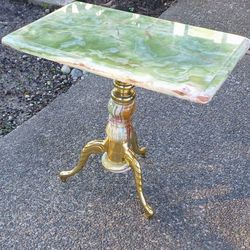 Vintage MCM Green Onyx Accent Table with 3 Leg Brass Pedestal 19"H