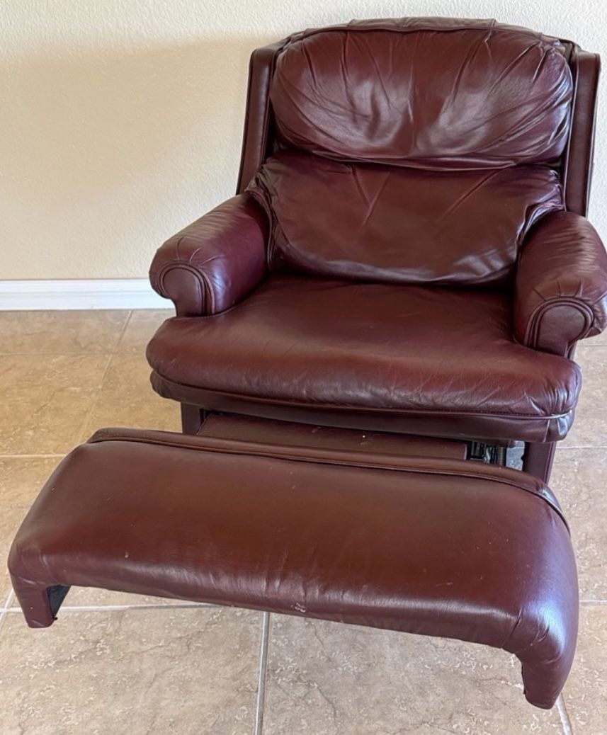 Burgundy Red Leather BarcaLounger Reclining Chair with Mechanical Footrest