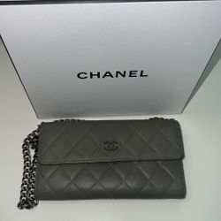 Authentic Chanel Quilted Wallet Gray Matte CoCo with Added chain