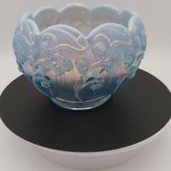 Gorgeous Vintage Fenton Blue Opalescent "Lily Of The Valley" Glass Bowl With Original Sticker & Stamp