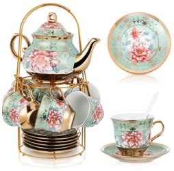 Zhehao 20 Pcs Porcelain Tea Set With Metal Holder And Spoon Adult Ceramic Tea Set European Flower Painting Teapot Cup Saucer Spoon For Women, Large Ve