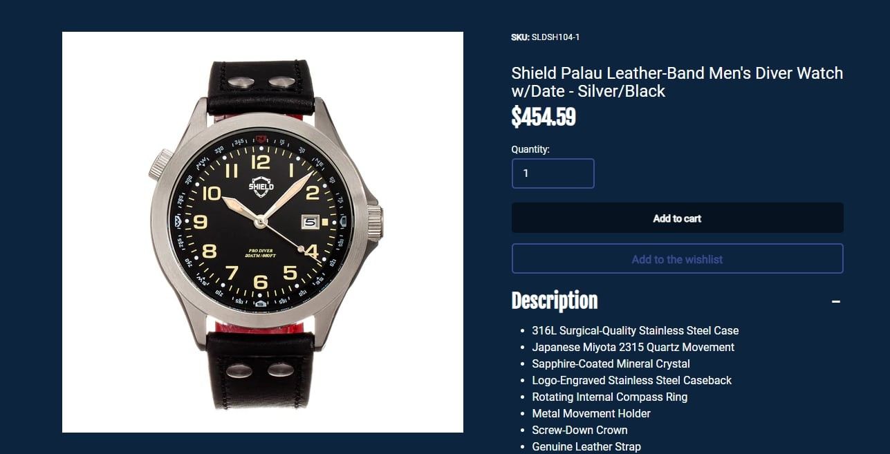 Shield Palau Leather-Band Men's Diver Watch w/Date - Silver/Black