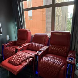 3 Red Leather  Apex Theater Recliners – Power, LED, USB