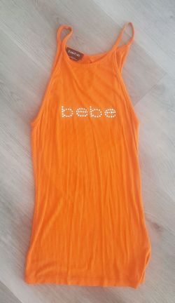 Vintage Bebe Rhinestone Logo Tank Top Orange Ribbed High Neck Keyhole Small Y2K USA