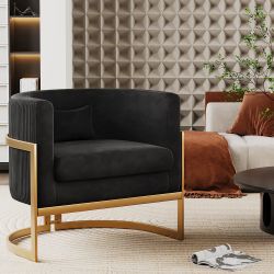 Velvet Upholstered Accent Chair, Modern Barrel Chair, Living Room Armchair, Sofa Tub Cube Club Chairs for Bedroom, Black