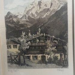 Vintage Original Radierung Alpine Chalet Etching Framed European Landscape Art