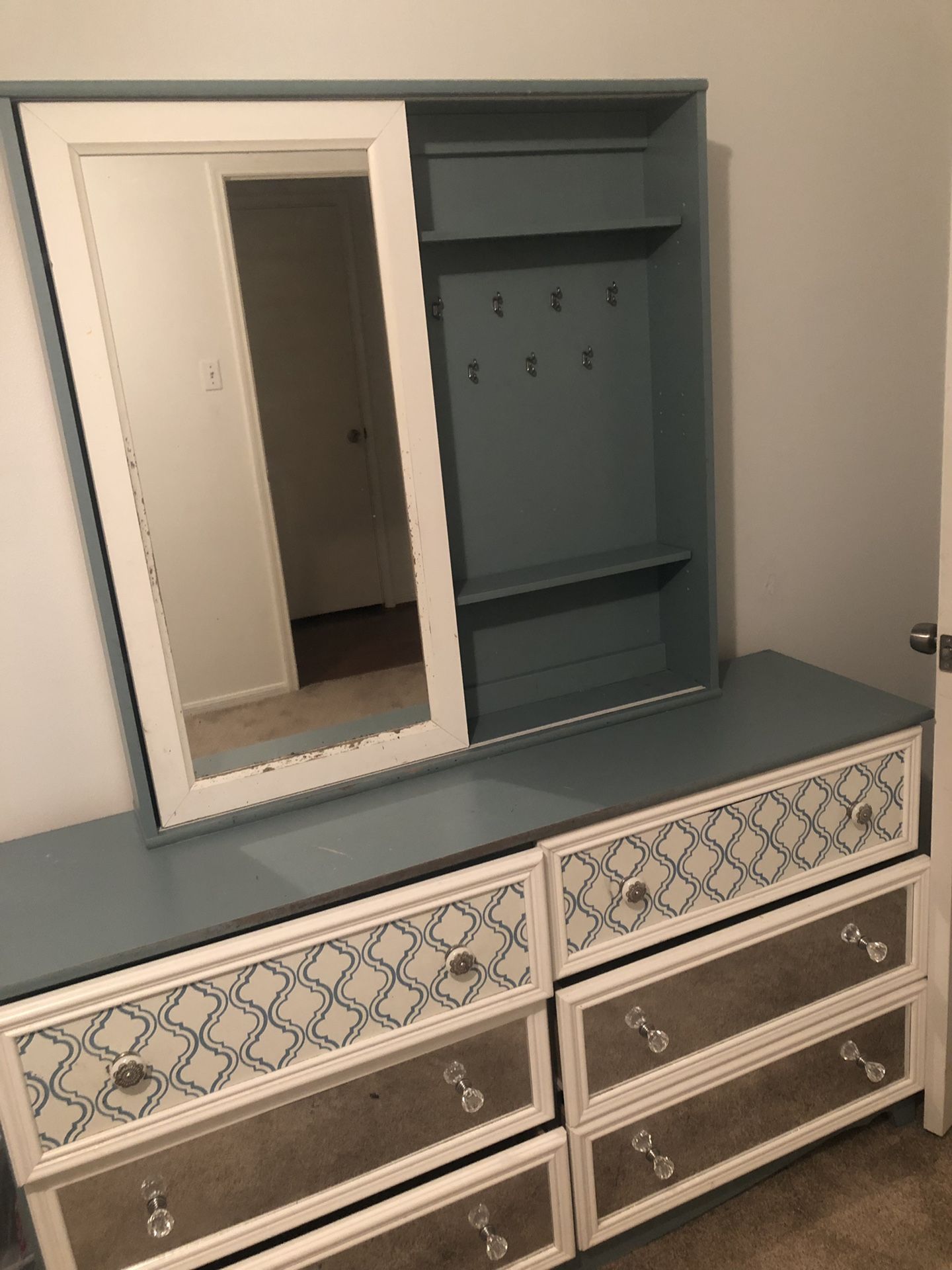 Blue vanity, small desk, and bed frame (price is 100% negotiable)