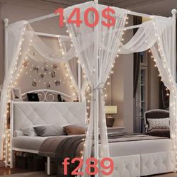 Full Size Upholstered Metal Canopy Bed, 2 Drawers Storage Platform Bed with Charging Ports, Off-White（f289