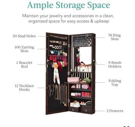 LED Mirror Jewelry Cabinet, Tall Lockable Wall or Door Mounted Jewelry Armoire Organizer with Mirror, 2 Drawers, Lock, Cosmetic Tray, Shelves - Espres