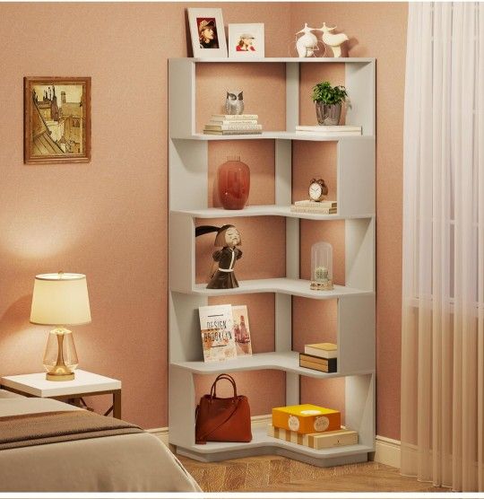 Tribesigns Modern 6-Tier Corner Bookshelf Freestanding 64.96 Inch Tall Silver Gray
Bookcase, with Anti-Drop Panel, Corner Shelf, Display Rack, Storage