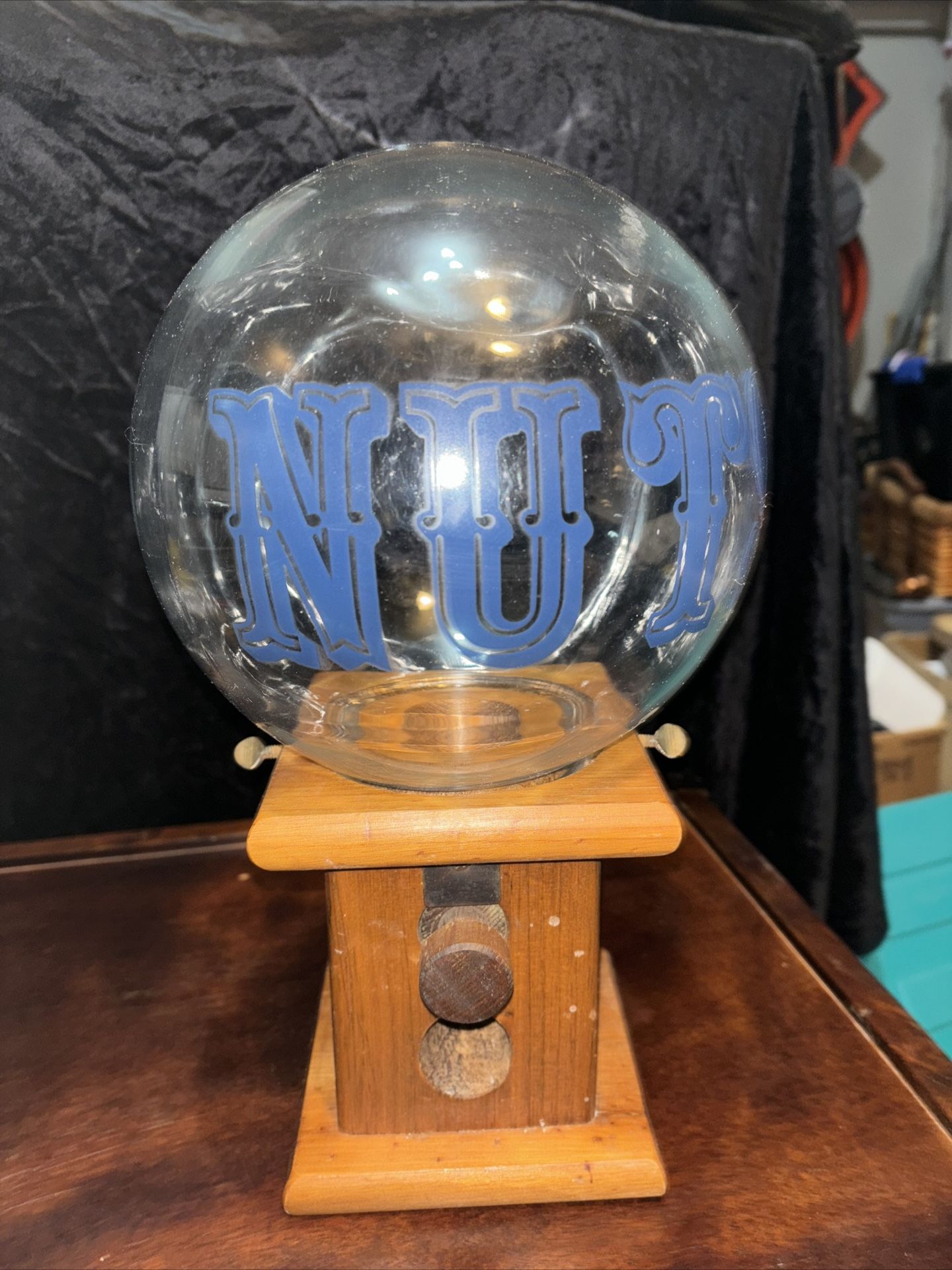 Wooden NUTS Peanut Dispenser Glass Globe Candy Machine Jar Vintage