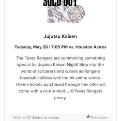 Texas Rangers | Houston Astros @ Texas Rangers | Game Ticket + Jujutsu Kaisen Jersey