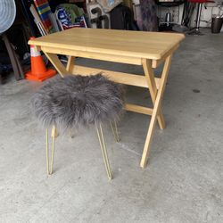 Solid Wood Folding Desk & Faux Fur Stool Set Furniture