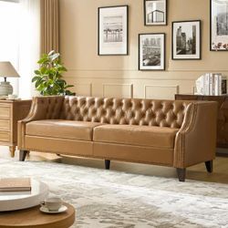 84 in. Straight Arm Leather Rectangle Sofa in Camel