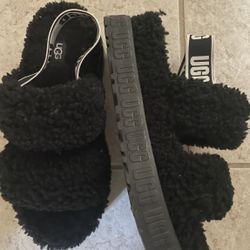UGG Platform Sandals Black Shearling Great Soles Stretch Strap