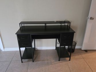 Black Computer Desk with Monitor Riser and Leather Office Chair