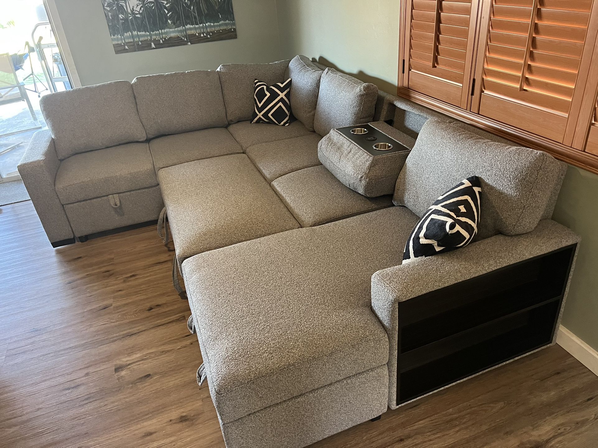 New Grey Boucle Fabric Sectional With 2 Pullout Beds/Chaise Storage. 92x120x60. Free Delivery!