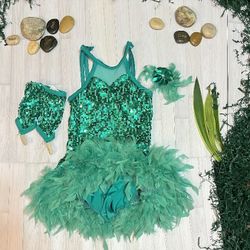 PHENOMENAL Green 💚  Rio 🟩 3 - Pieces ONE PIECE LEO, GLOVES,  HAIR FEATHER COSTUME DANCE OR GYM