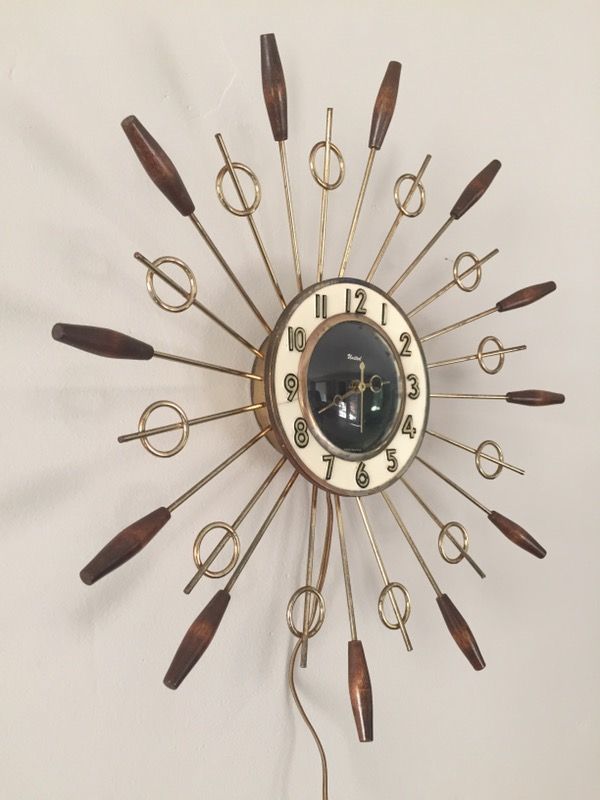Starburst Wall Clock Model No. 79 by United, Brass and Wood