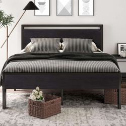 14 Inch Full Size Metal Platform Bed Frame with Wooden Headboard and Footboard, Mattress Foundation, No Box Spring Needed, Large Under Bed Storage, No
