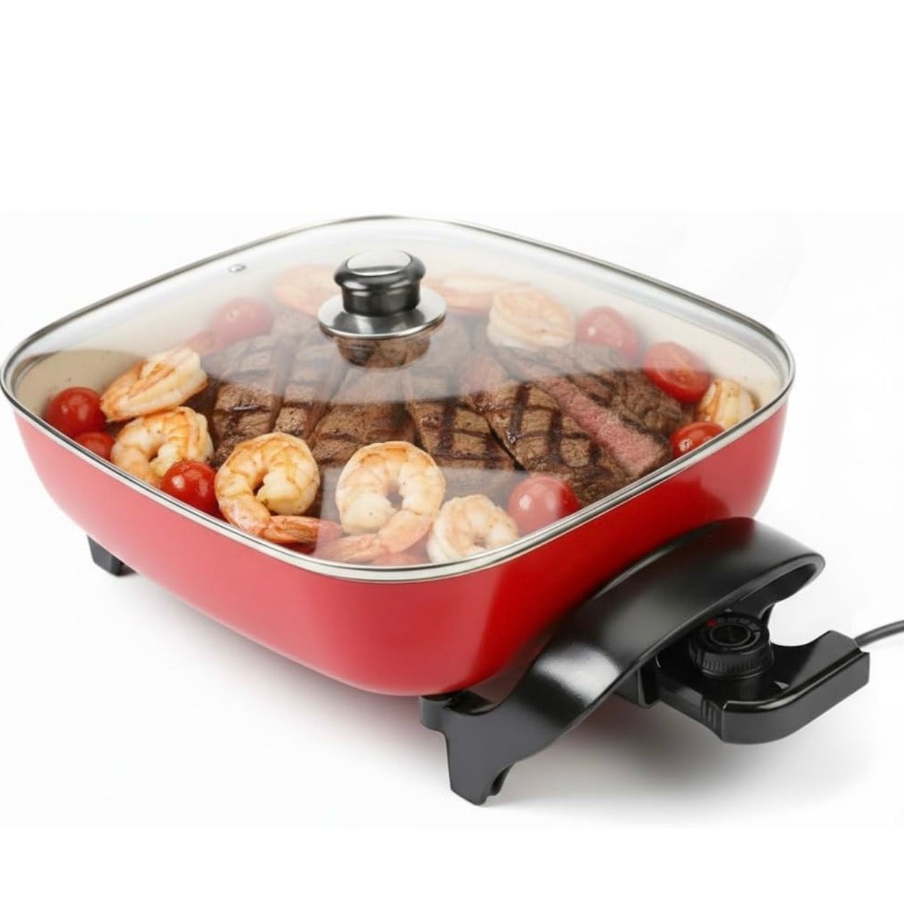 15” Electric Skillet Nonstick w/ Glass Lid – Thermostat Control, Easy Clean (Red)