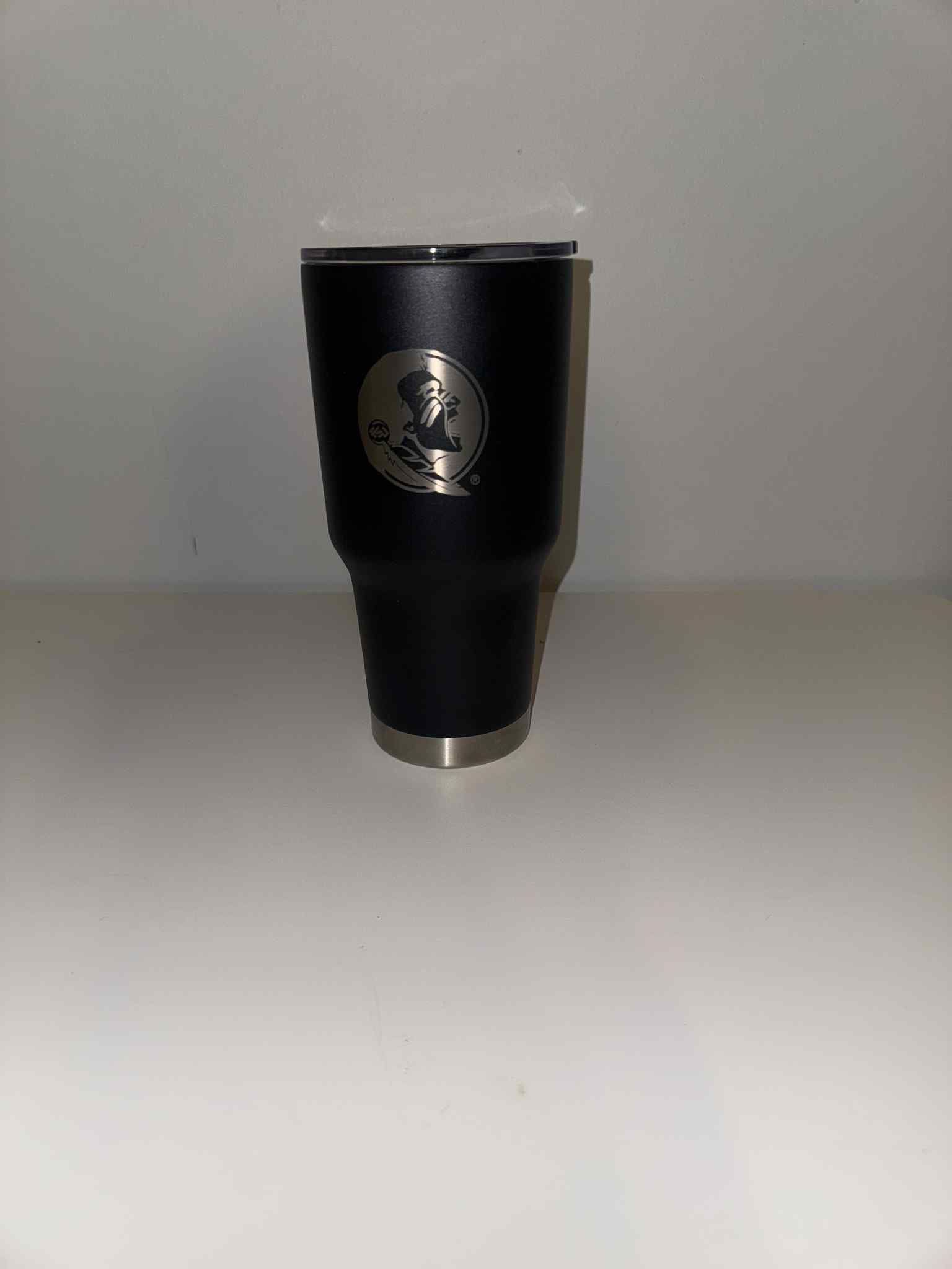 30oz powder coated tumbler featuring laser engraved Florida State Seminoles logo