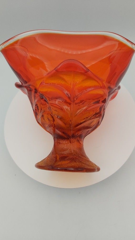 Beautiful Vintage Viking Epic Persimmon Glass Compote/ Candy Dish "Cabbage Leaf Pattern"