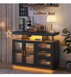 Coffee Bar Cabinet with RGB Light & Charging Station, Black
