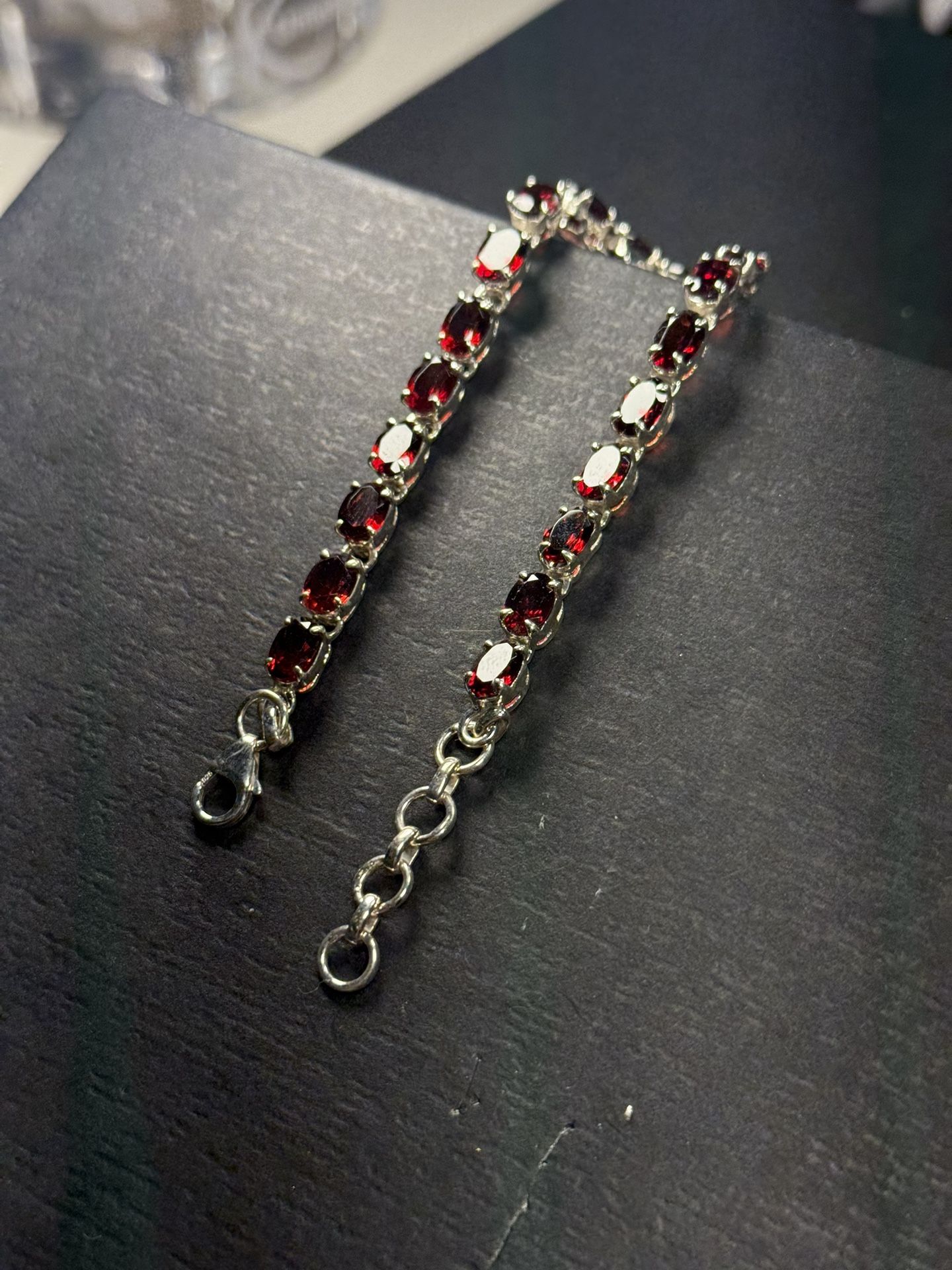 925 Sterling Silver Garnet Bracelet | 8.2” Adjustable