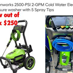 New out of box Greenworks 2500-PSI 2-GPM Cold Water Electric Pressure washer with 5 Spray Tip $250 cash only East Palmdale 