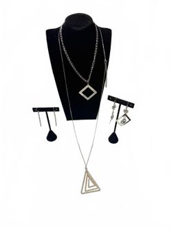 Silver-Tone Geometric Layered Necklace and Earring Set — One Size