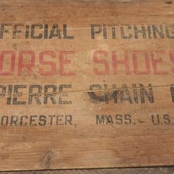 Antique Set of  "Royal St. Pierre Worcester Mass." Forged Steel Horseshoes & Posts in Original Wooden Box