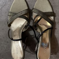 Black & Gold Strappy Heels (medium wedge heel, size 6)