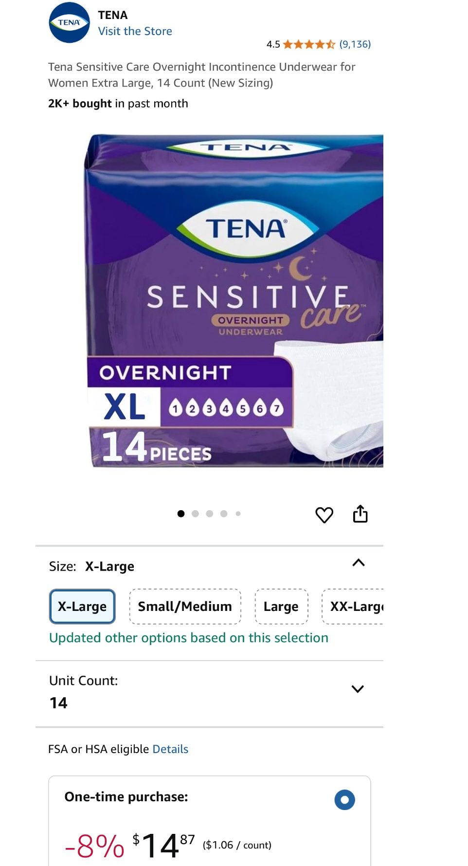 Tena Sensitive Care Overnight Incontinence Underwear for Women Extra Large, 14 Count (New Sizing)