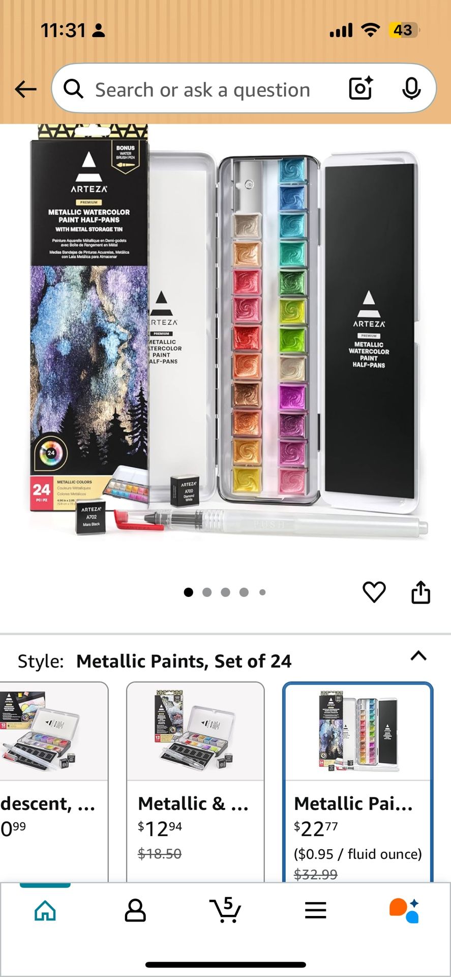 ARTEZA Watercolor Paint Set, 24 Metallic Watercolor Paints,