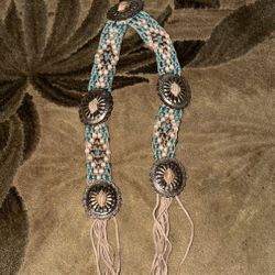 Vintage Southwest Handmade Turquoise Beads Strand Leather Silvertone Belt! 5 Ft End To End