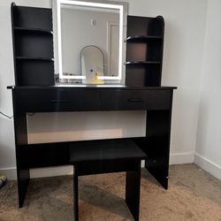 Black Vanity With Mirror Light And Chair 