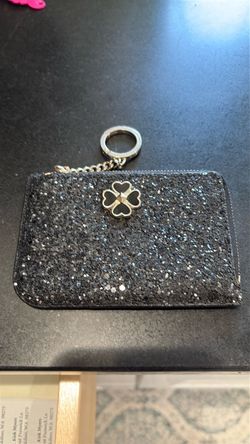 Kate Spade Black Small L-Zip Card Holder Odette Glitter Silver Key Chain