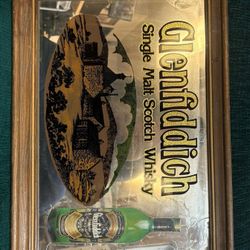 70s Vintage Collectible Wood Frame Glenfiddich Malt Scotch Whisky advertising mirror