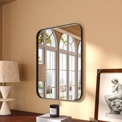 22 in. W x 30 in. H Rectangular Aluminum Framed Modern Black Rounded Wall Mirror