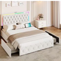 Queen Bed Frame with Storage and 4 Drawers on Wheels