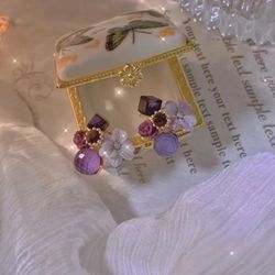 New Chic Purple Crystal Flower Stud Earrings Faux Zircon Party Evening Wedding