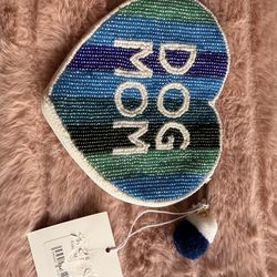 Dog Mom Seed Beaded Coin Purse: Striped Heart Mad Hatter Pouch, NWT