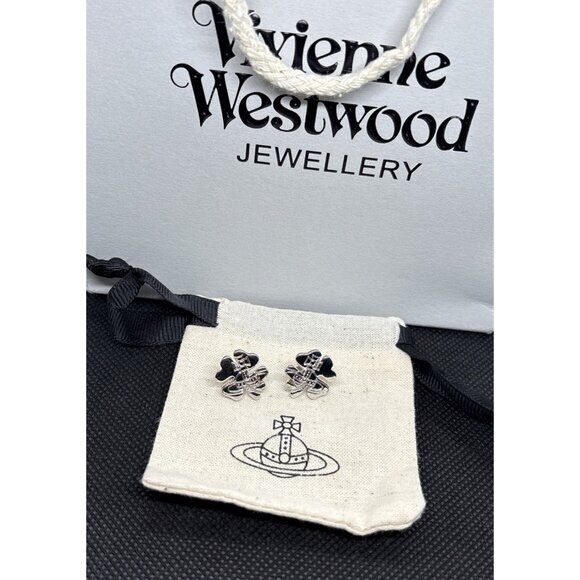 Vivienne Westwood 4 Leaf Clover Silver Earrings With Bag Accessory