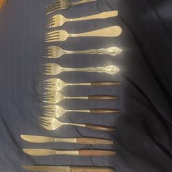 Interpur Florenz 9 Petal Stainless Korea Floral 9 Forks 3 Knives  Wooden Handle