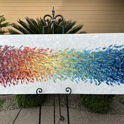 Pintura al óleo colorida pintada a mano de 24 x 60 pulgadas, pintura abstracta moderna.